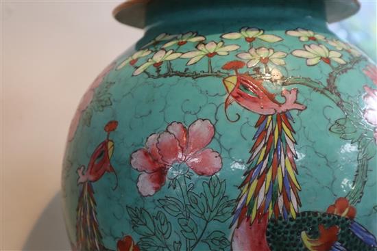 A large Chinese turquoise ground phoenix vase and cover, 18th/19th century, H. 44.5cm, base restored